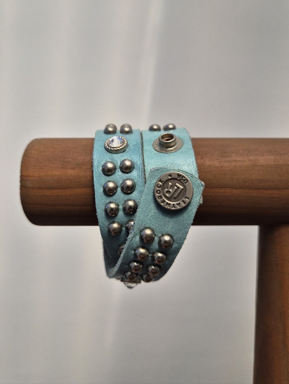 Leatherock Blue Leather Wrap Bracelet Boho Studded Cuff Western Rocker Crystal